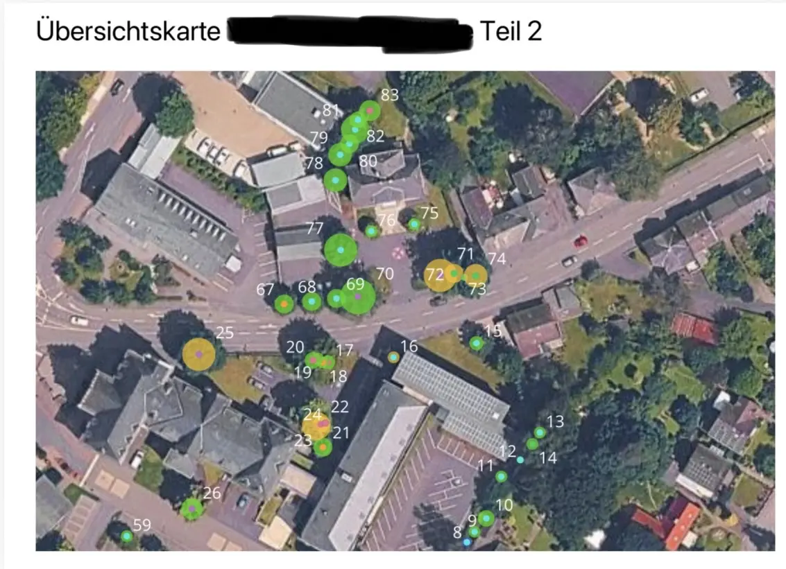 Übersichtskarte mit farblich markierten und nummerierten Baumstandorten, Teil 2