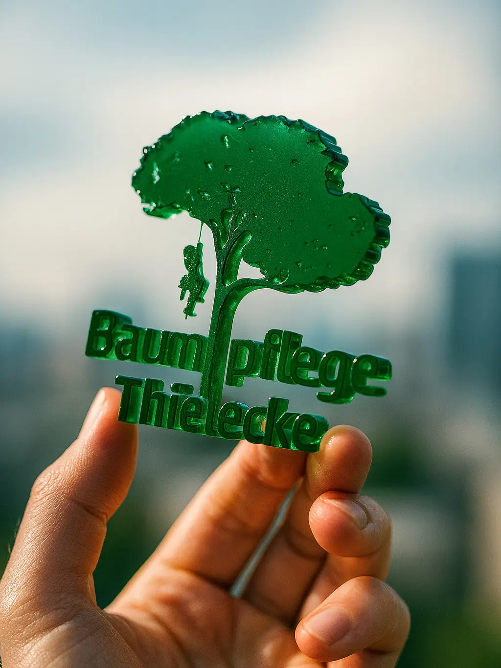 Eine Hand hält das grüne Baumpflege-Thielecke-Logo vor einem unscharfen Hintergrund